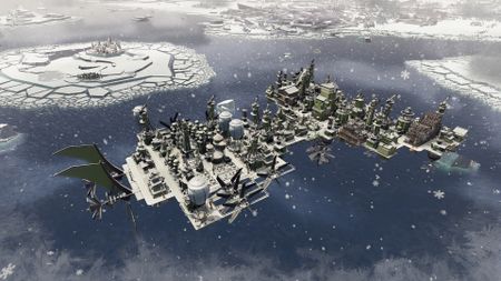 A flying city drifts over a frozen landscape, its floating streets dusted by snowfall.