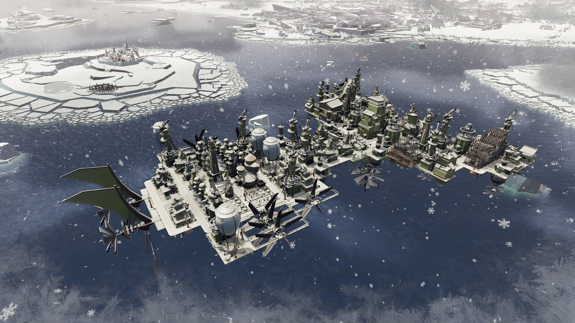 A flying city drifts over a frozen landscape, its floating streets dusted by snowfall.