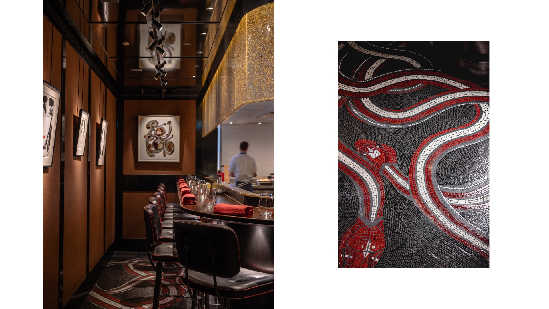 A dimly lit restaurant room features a bespoke floor mosaic depicting two entangled snakes in black, white, and red, abstract as well as figurative paintings, and an open kitchen.