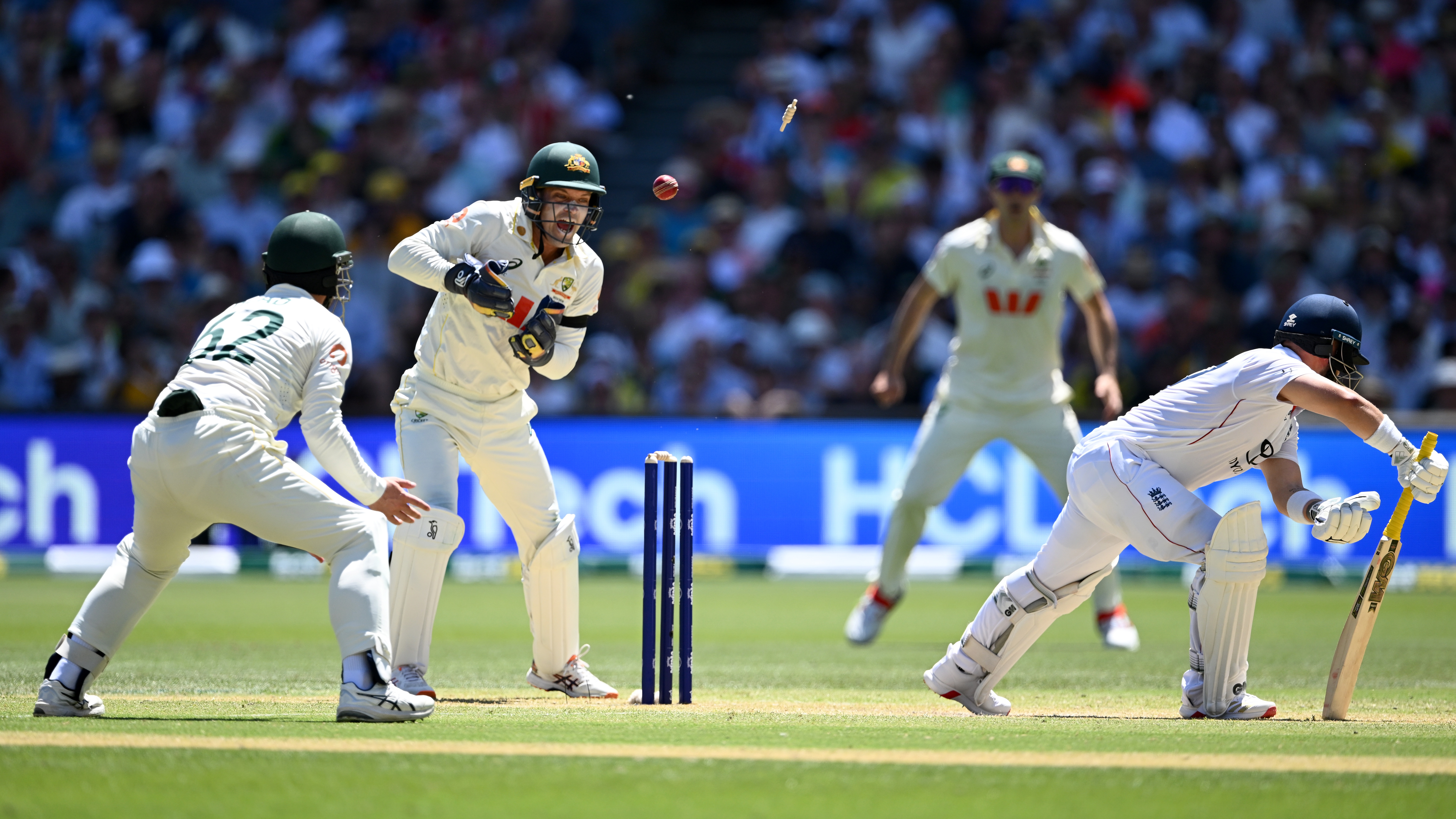Ben Duckett of England is bowled by Nathan Lyon of Australia during day two of the Third Test Match in the 2025-26 Ashes Series between Australia and England at Adelaide Oval on December 18, 2025 in Adelaide, Australia. 