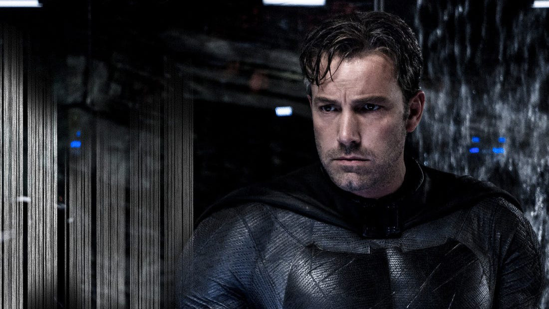 Ben Affleck's Bruce Wayne wears his Batman suit in his Bat-Cave without his mask on in 2016's Batman v Superman movie