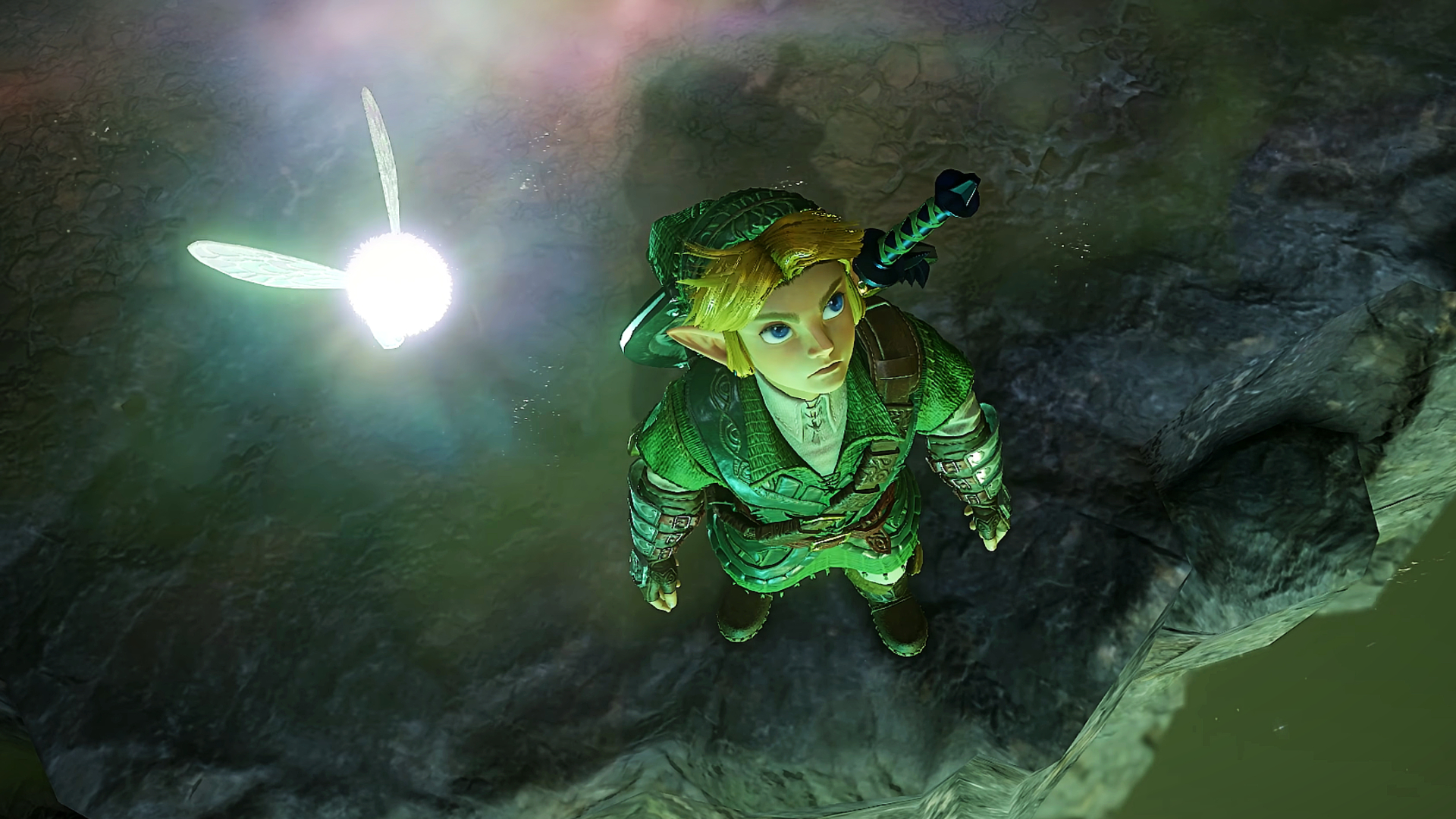 The Legend of Zelda: Ocarina of Time remake Link and Navi looking up on the edge of a rocky cliff