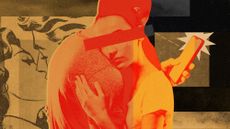 Photo composite illustration of a couple hugging while one looks at other people on a phone