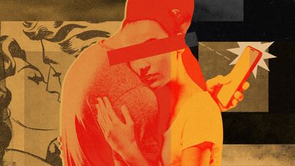 Photo composite illustration of a couple hugging while one looks at other people on a phone