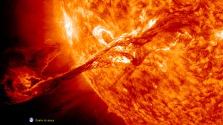 The sun launched this coronal mass ejection at some 900 miles/second (nearly 1,500 km/s) on Aug. 31, 2012. The Earth is not this close to the sun; the image is for scale purposes only.