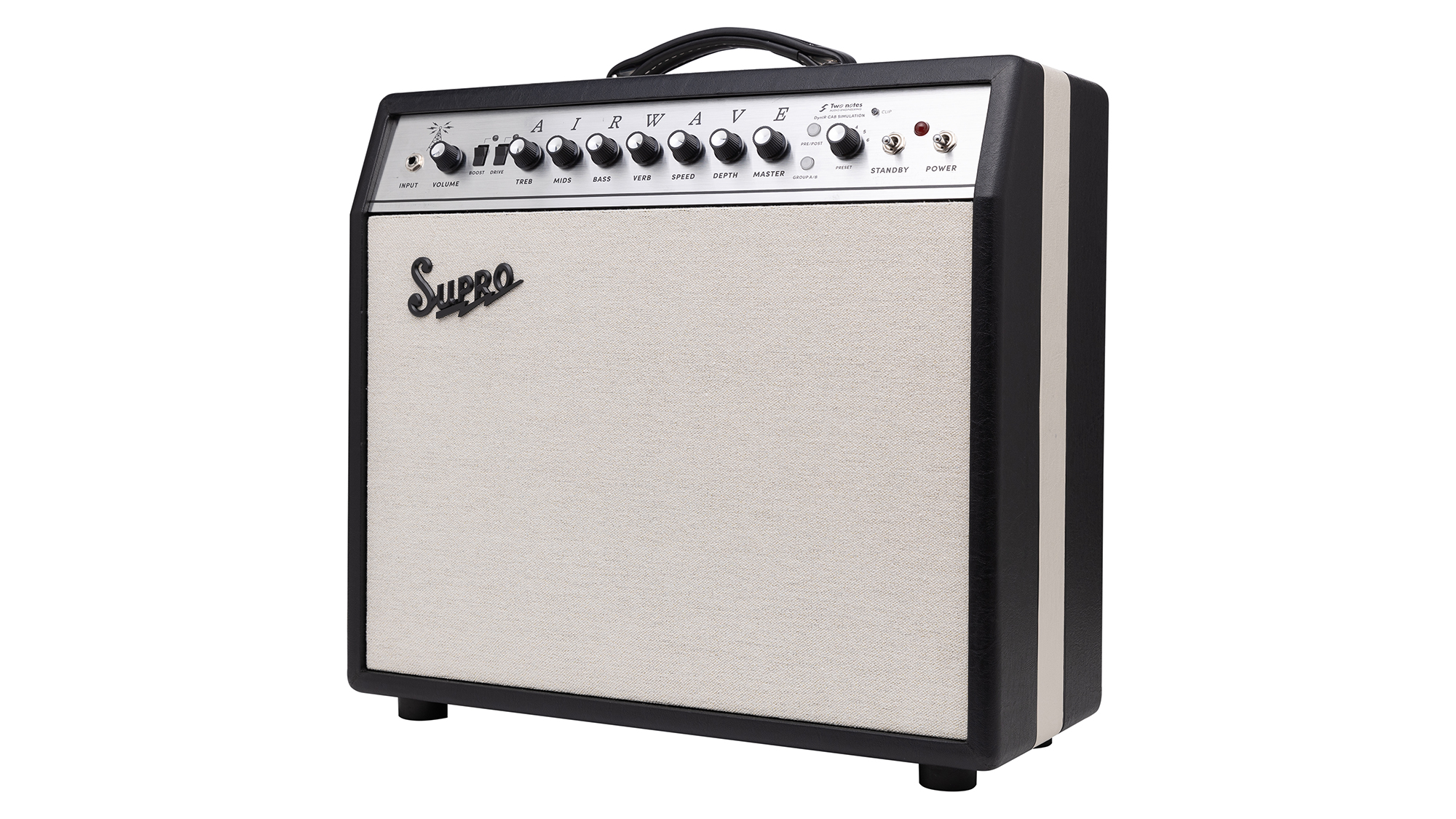 A photo showing the Supro Airwave 1x12 combo at a right angle