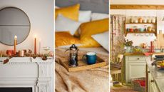 composite of three autumnal pictures, one of a mantle, one of a coffee tray on a bed, the other a cosy kitchen