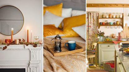 composite of three autumnal pictures, one of a mantle, one of a coffee tray on a bed, the other a cosy kitchen