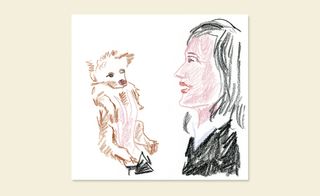 artwork of a women holding a dog