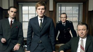 Jack Laskey as Endeavour's DS Jakes, with Shaun Evans as DS Morse, Anton Lesser as Superintendent Bright and Roger Allam as DCI Thursday