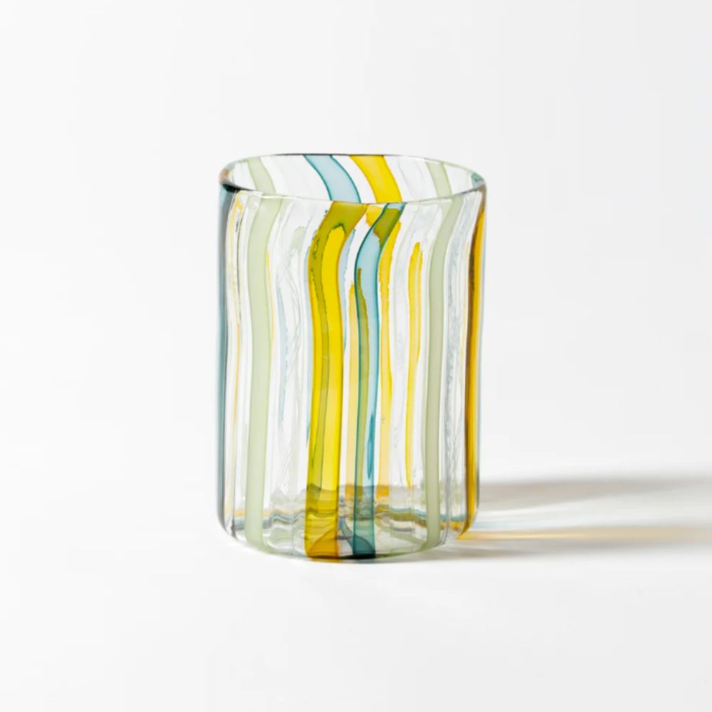 Yellow and green striped hand-blown glass tumbler