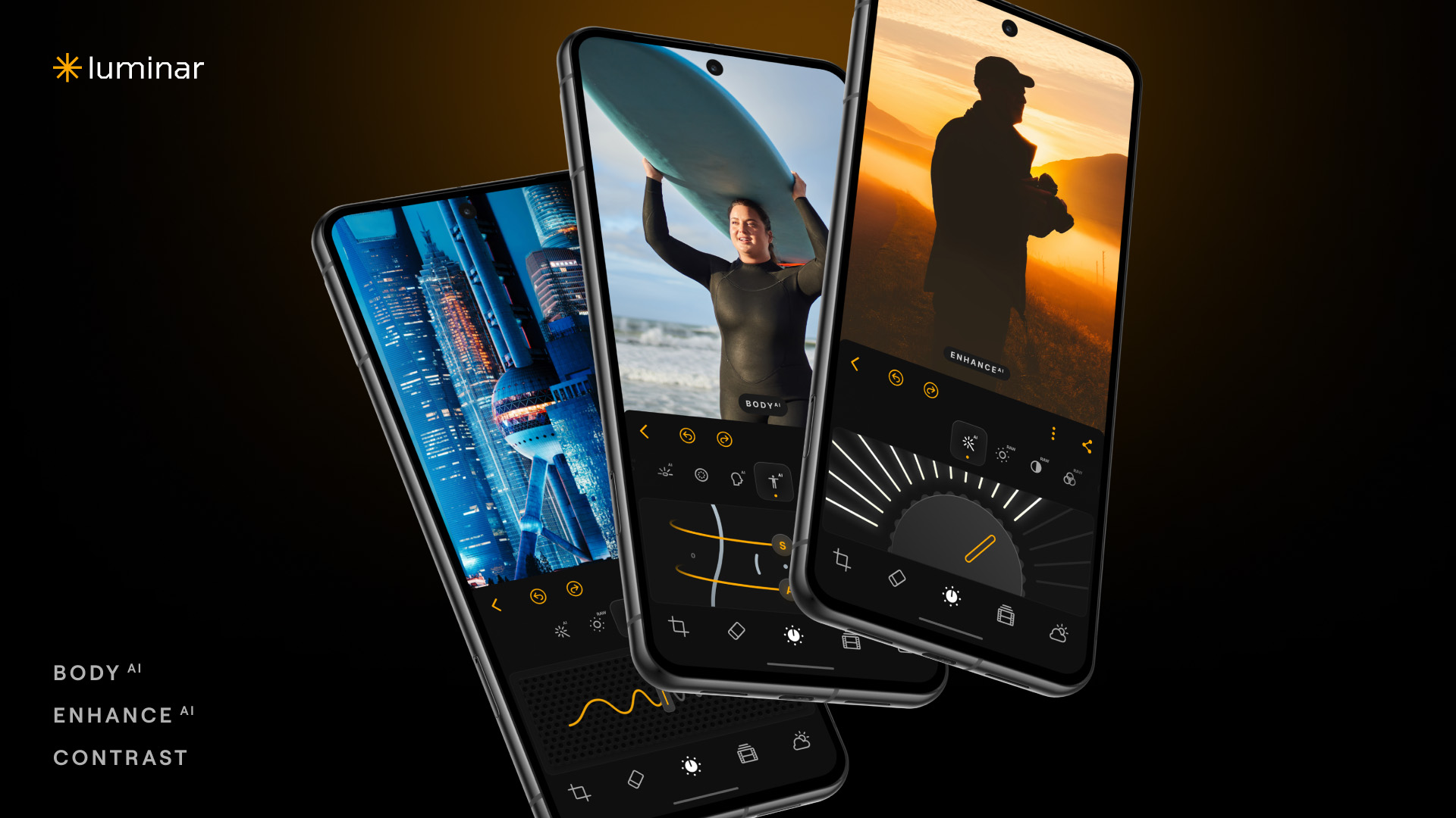 Skylum Luminar: Photo Editor on three android phones, one showing night cityscape, one showing person with surfboard and one showing backlit person at sunset