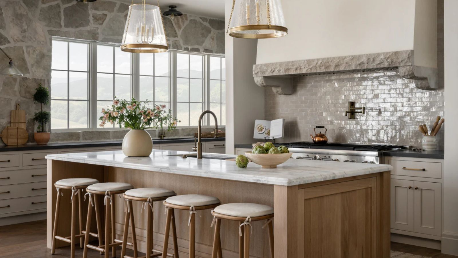 kitchen with marble countertops and stone walls