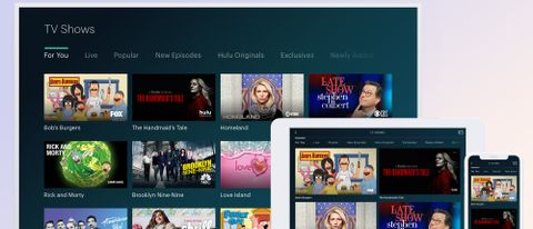 A series of TV show images appear in Hulu with Live TV on a TV, tablet and phone