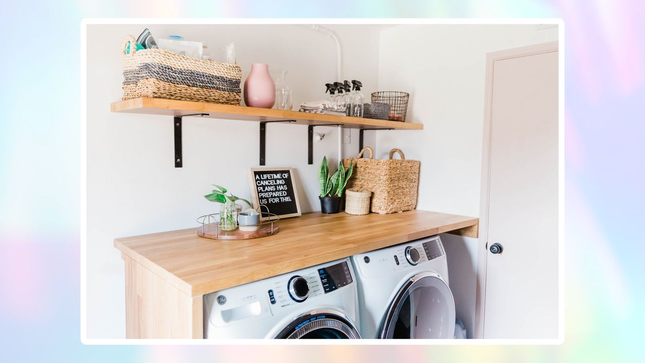 A ombre background with a picture of a laundry room