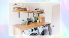 A ombre background with a picture of a laundry room