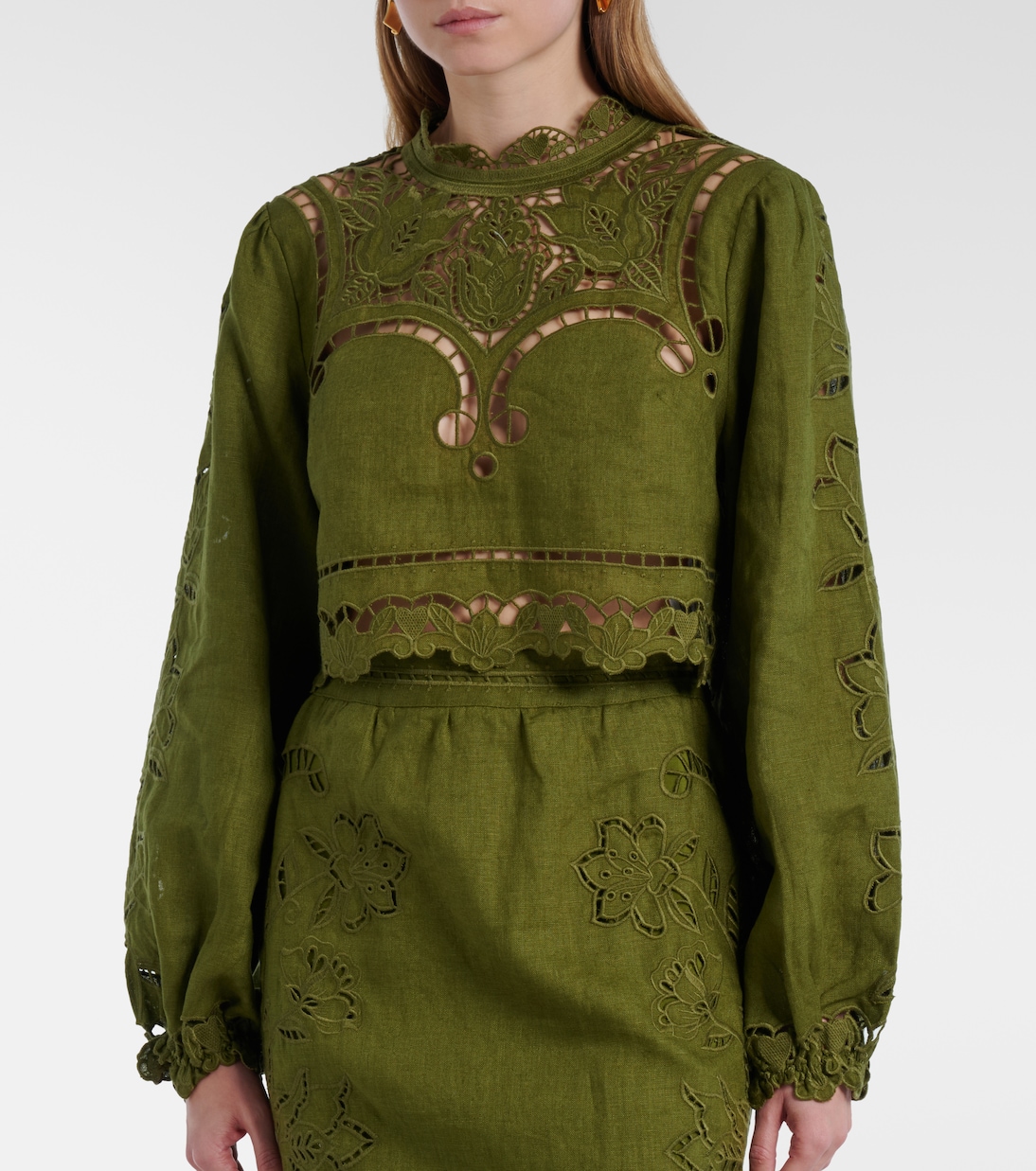 Floral Lace-Trimmed Linen Blouse in Green - Farm Rio