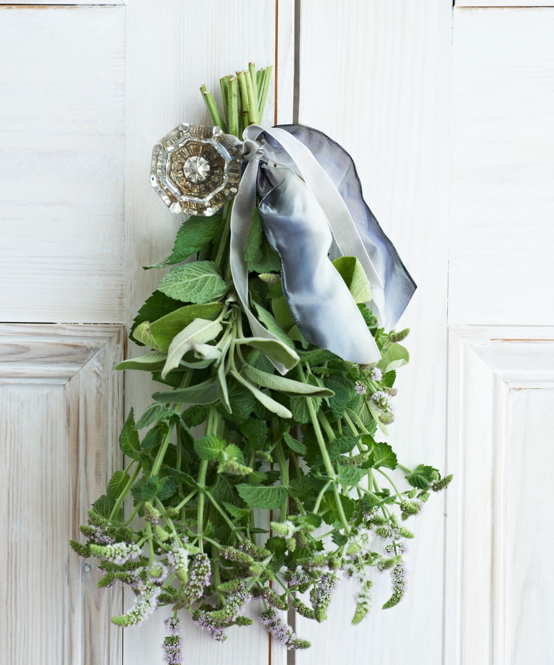 Bunch of herbs tied with a ribbon hanging on a pretty door knob