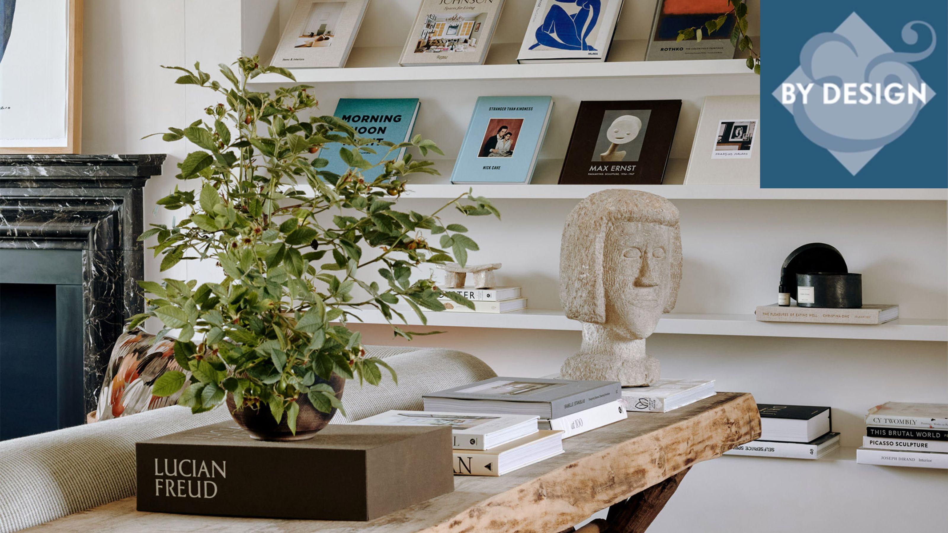 A built in bookshelf filled with front facing books and ornaments, wooden side table with plant and books in foreground