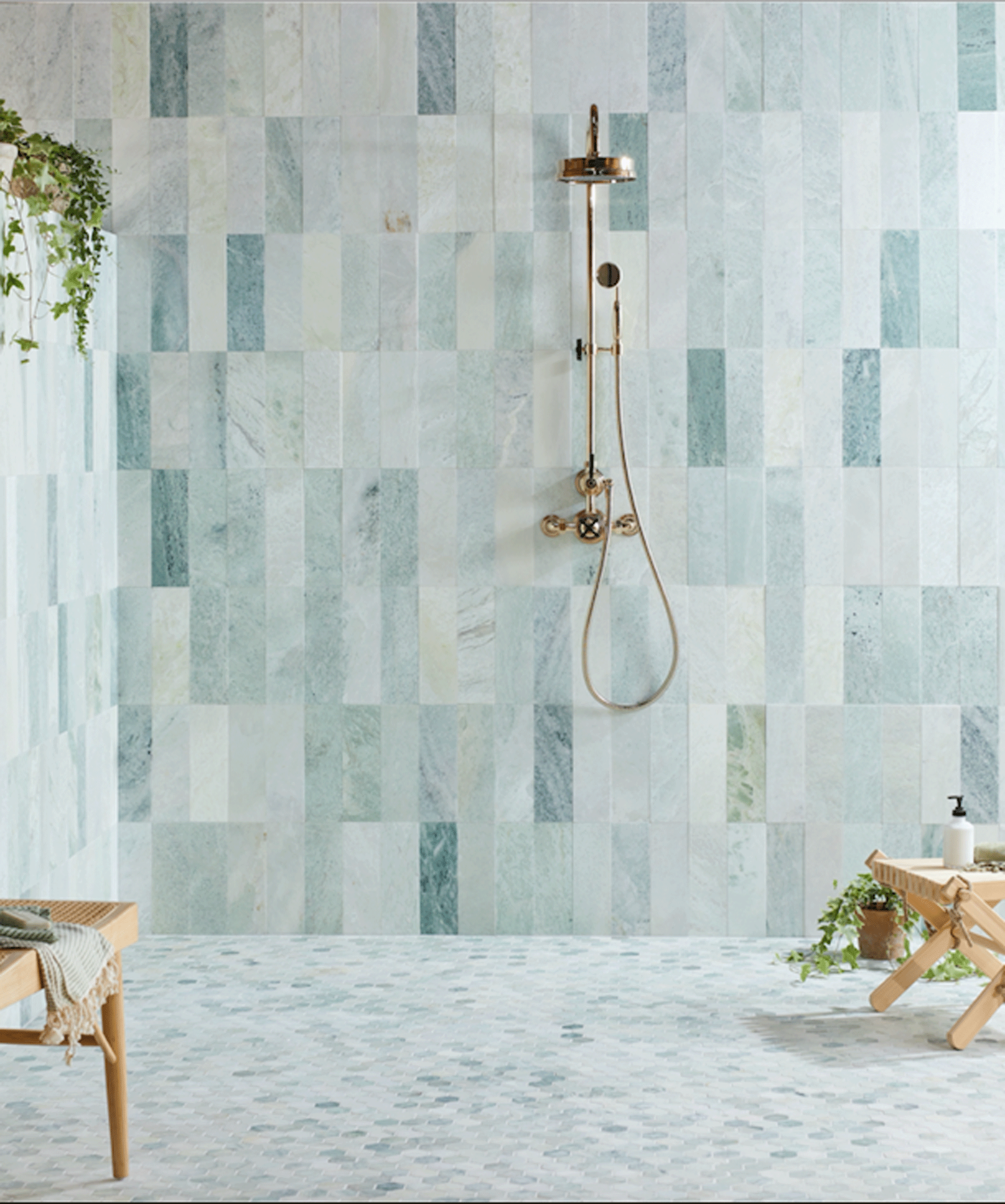 Green marble tiled shower