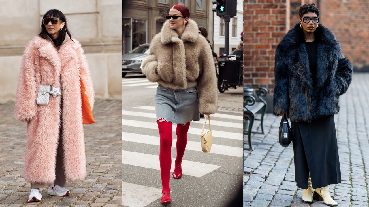 Three women at Copenhagen Fashion Week wearing faux fur coats of different colors