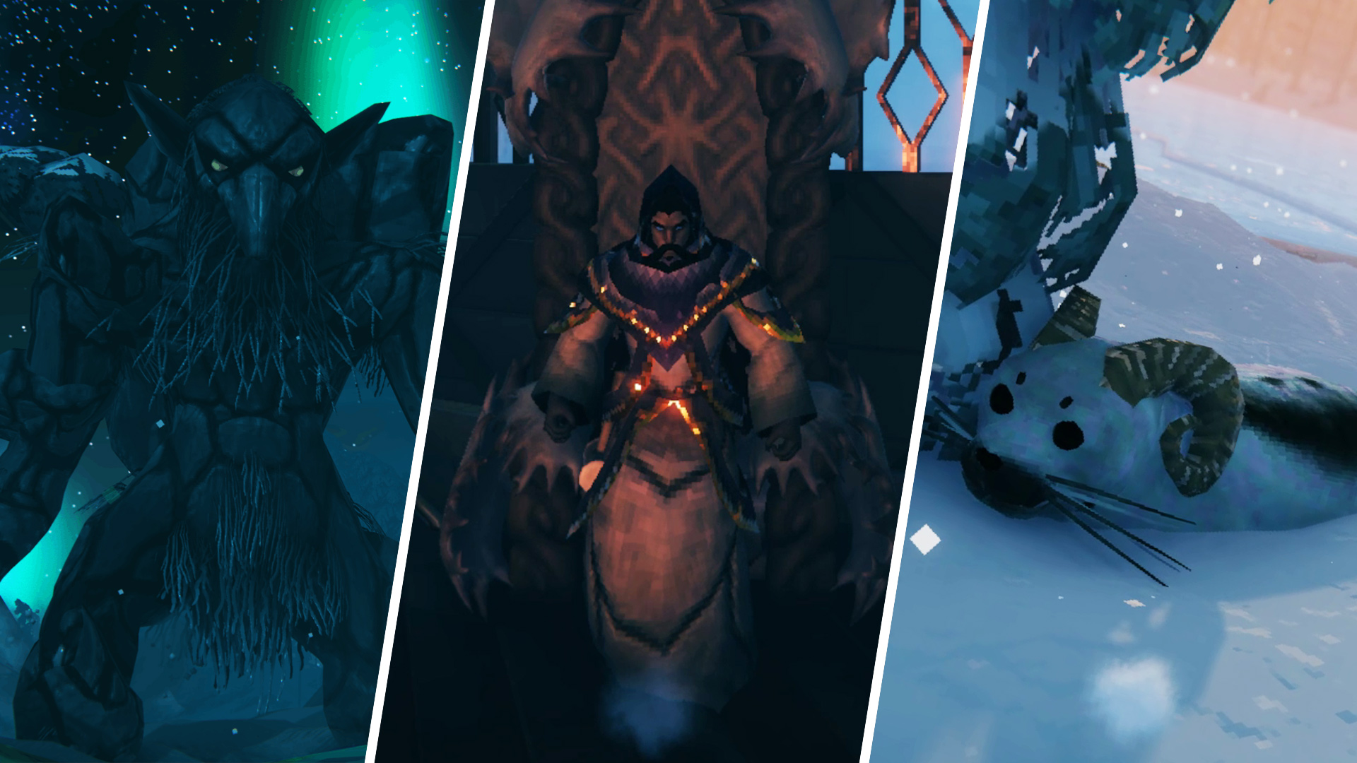 Valheim 1.0 Deep North update - A giant, rocky troll (Left), a player viking (middle), and a seal (right)