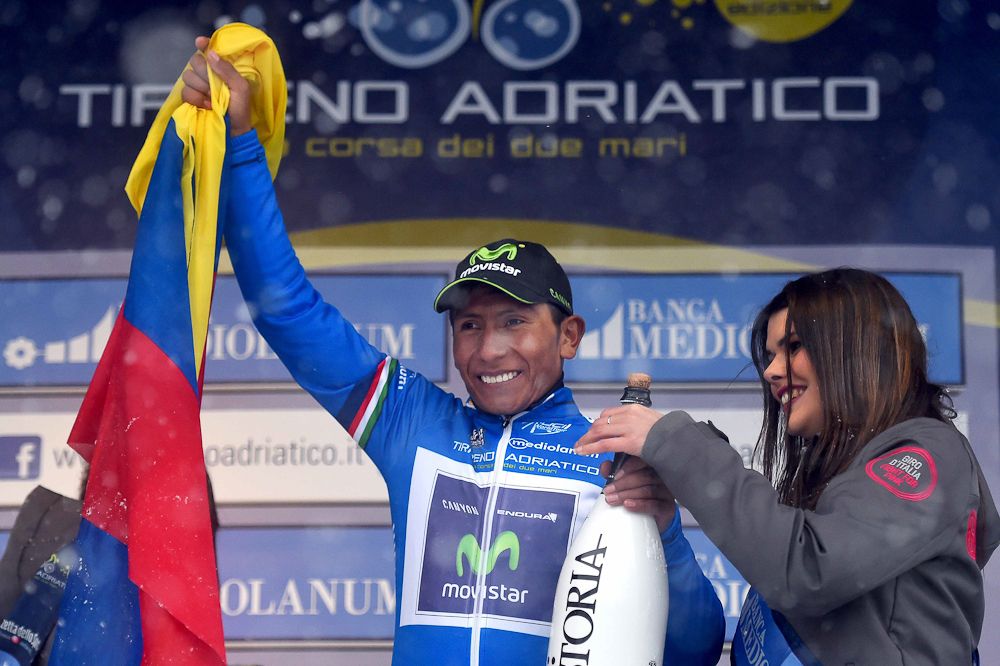 Nairo Quintana in the race leader's blue jersey.