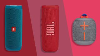 Three Bluetooth speakers on a red and pink background