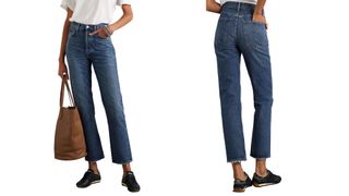 agolde model wearing dark blue '90s Pinch Waist high-rise straight-leg organic jeans