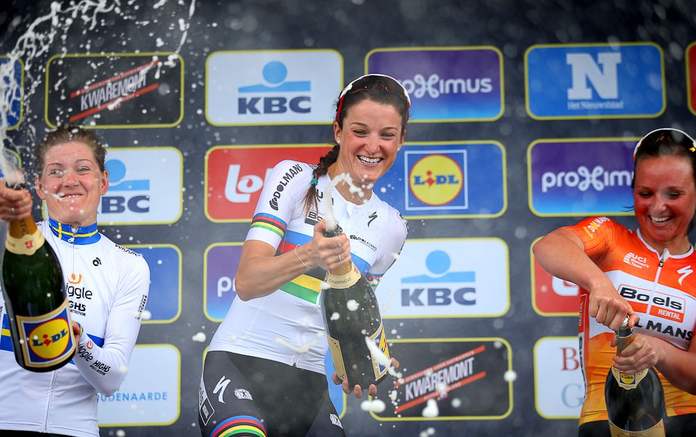 Lizzie Armitstead celebrates on the Tour of Flanders podium