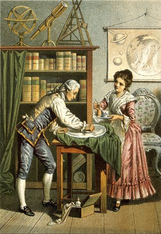 the painting of a man and women standing at a table.