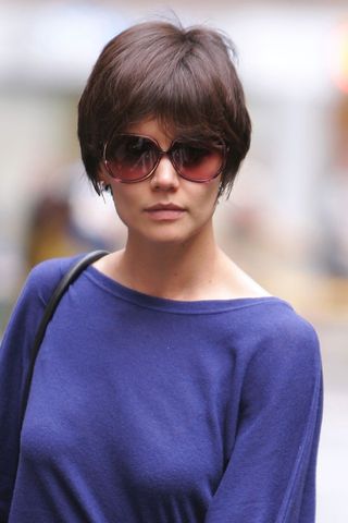 Katie Holmes seen with a long pixie-style haircut on the streets of Manhattan on August 14, 2008 in New York City.