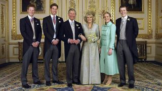 Prince Charles and The Duchess Of Cornwall, Camilla Parker Bowles pose with their children (L-R) Prince Harry, Prince William, Laura and Tom Parker Bowles, in the white drawing room