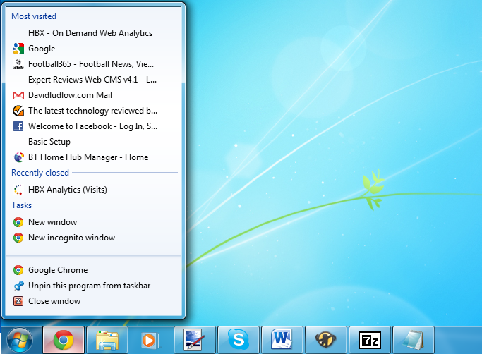 Jump Lists let you access an application's features quickly.