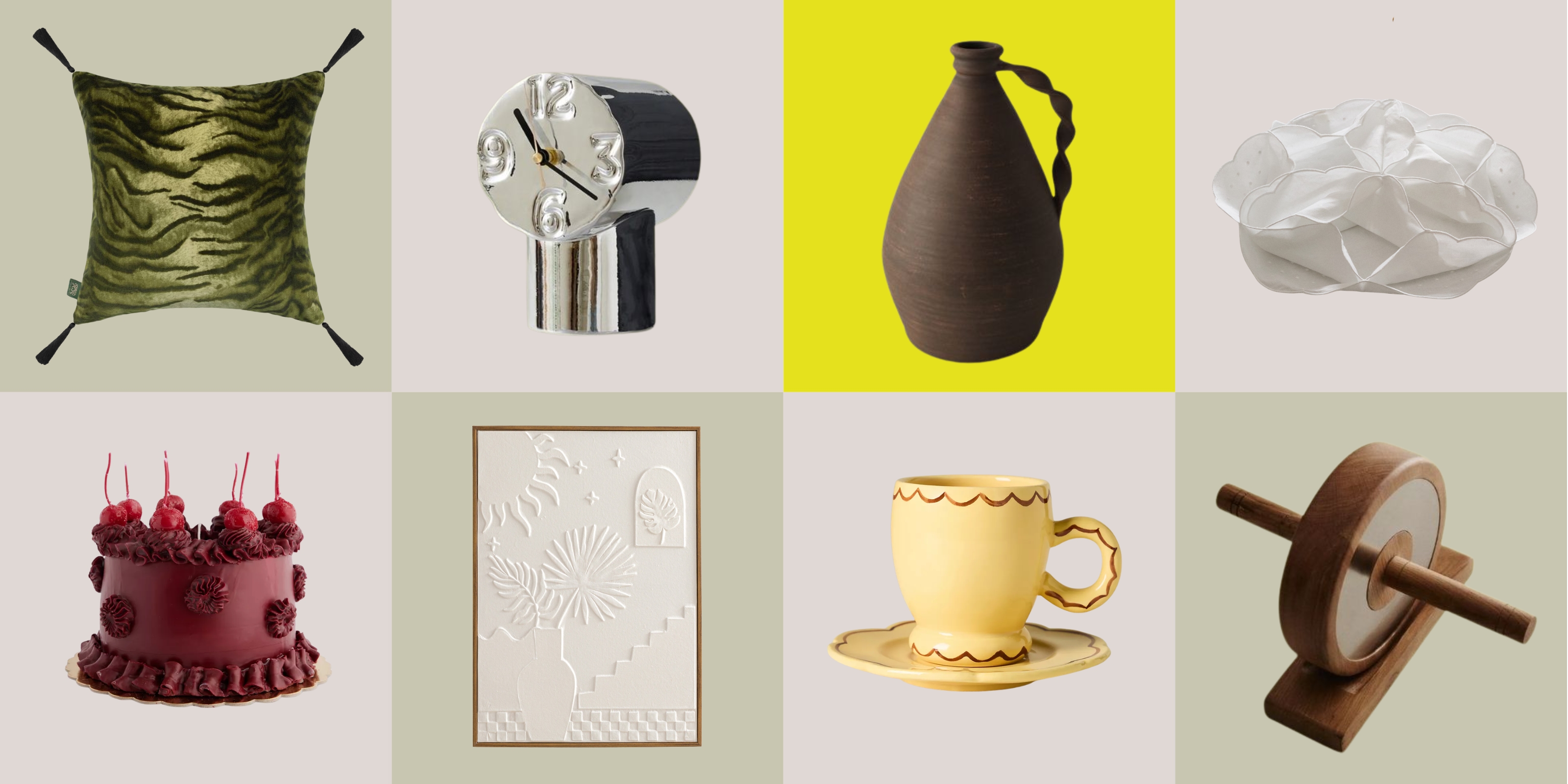 dusty pink and sage green 2 x 4 checkerboard with product cut outs of new-in homeware decor in each box.