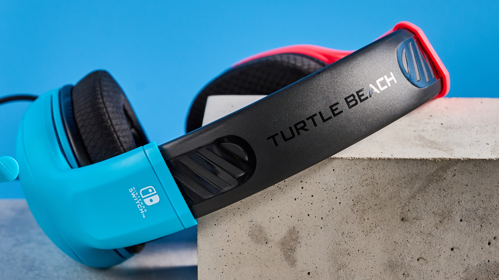 A blue and red Turtle Beach Airlite Fit wired gaming headset for the Nintendo Switch