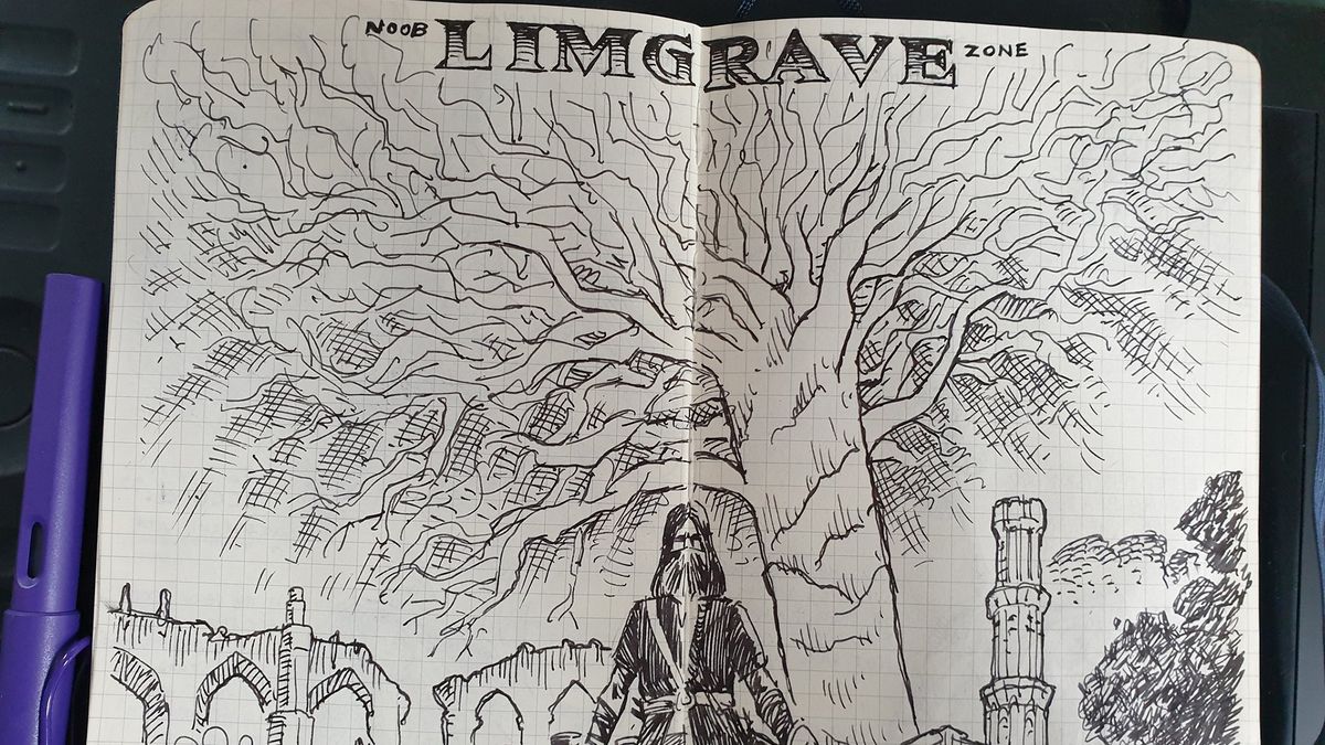 Ink drawings of Elden Ring on journal page.