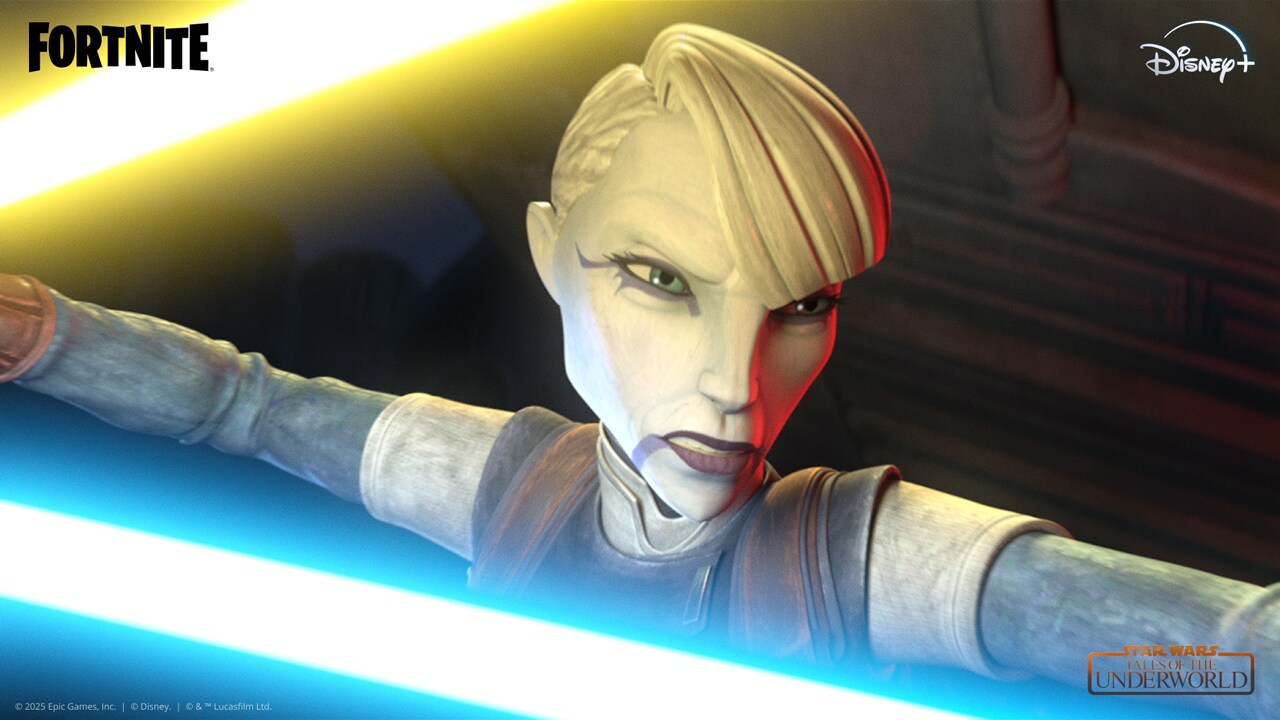 Ventress wields dual yellow and blue lightsabers