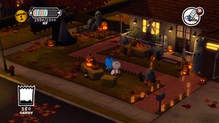 Costume Quest screenshot of Wren and Emmett walking around Auburn Pines. The house nearby is decorated for Halloween.