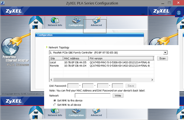 Figure 54 - ZyXEL powerline configuration utility, Configuration tab