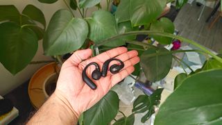 Anker AeroFit Pro buds held in an outstretched hand with a green houseplant in the background