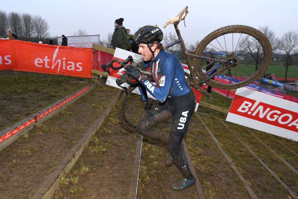 DENDERMONDE BELGIUM DECEMBER 26 Gage Hecht of The United States and Team Aevolo competes during the 2nd Dendermonde UCI CycloCross Worldcup 2021 Mens Elite CXWorldCup UCIcyclocrossWC on December 26 2021 in Dendermonde Belgium Photo by Luc ClaessenGetty Images