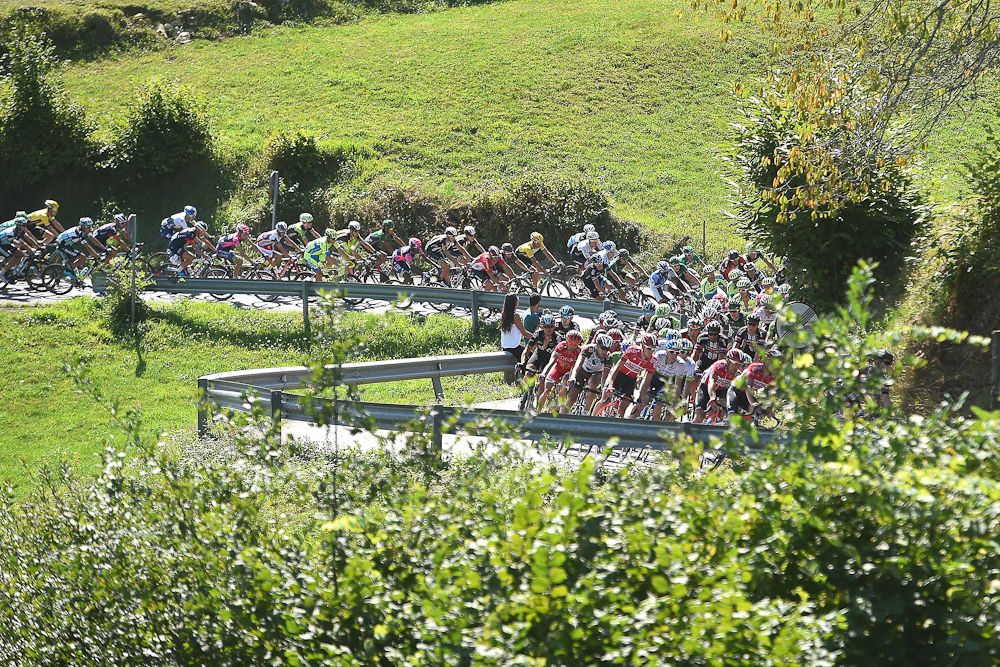 The peloton rides through the Spanish countryside during stage 15.
