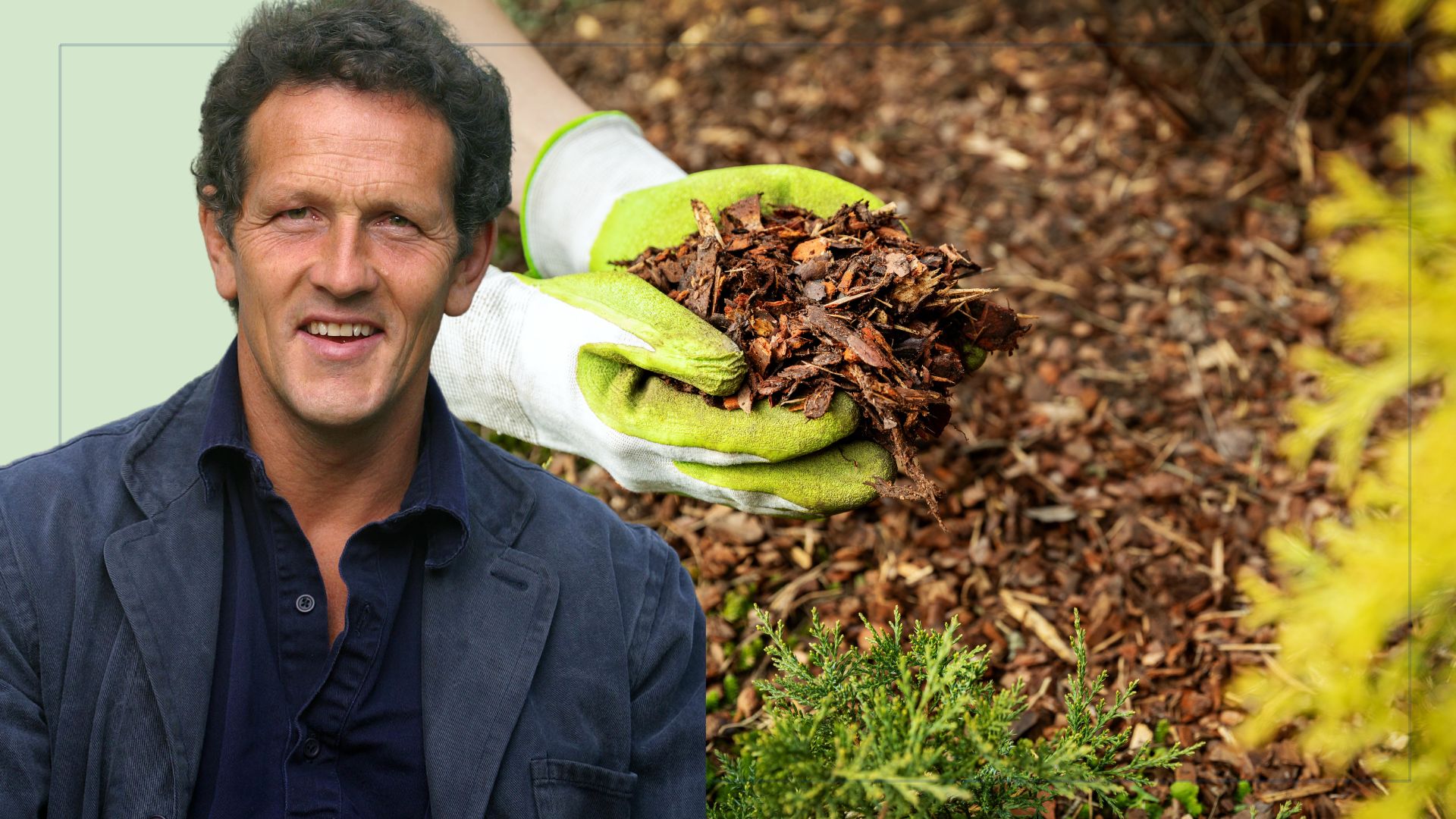  picture of person adding mulch to soil in garden and cut out of monty don over top