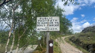 Sign on the West Highland Way leading to the Devil's Staircase