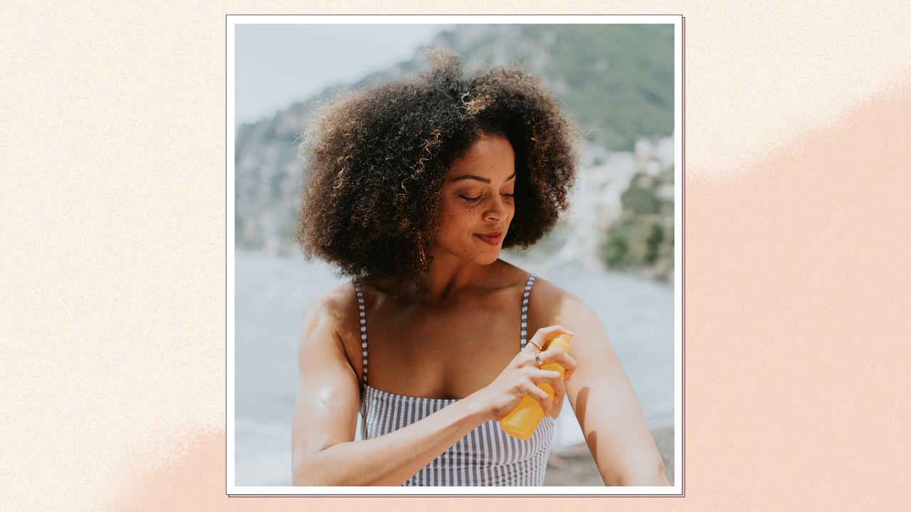 Image of woman applying sun cream in a white frame on a pink watercolour background