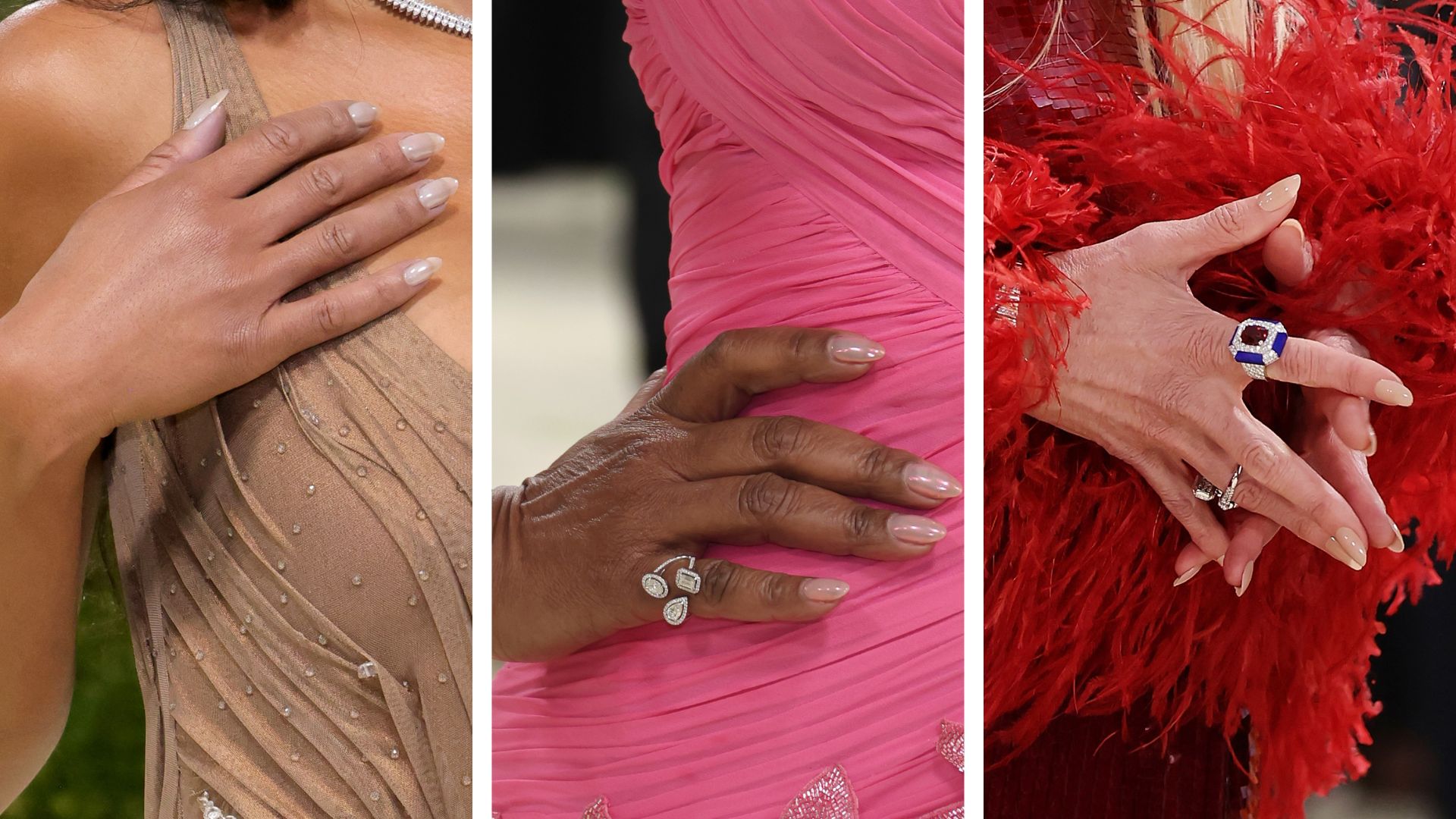 Laura Harrier, Angela Bassett and Nicole Kidman at the 2026 met gala all pictured with champagne manicures