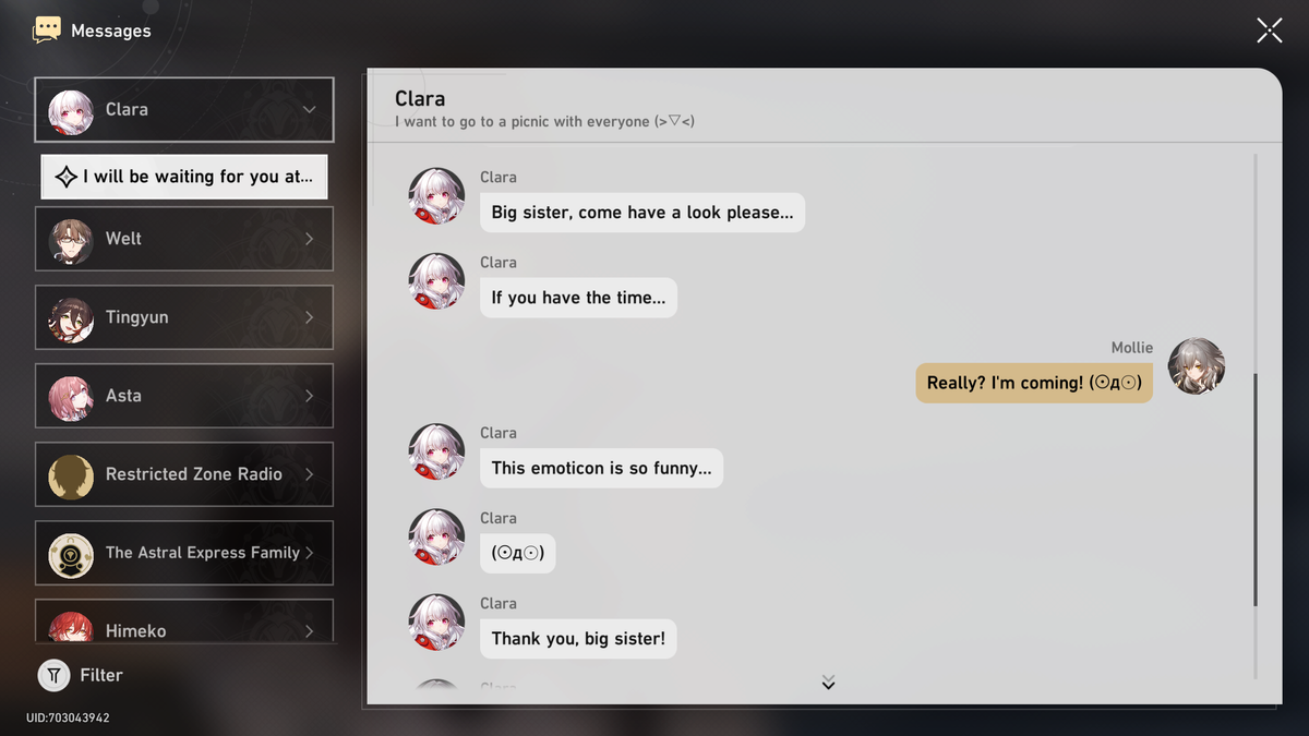 Honkai: Star Rail text messages.