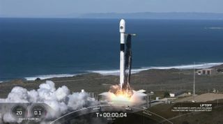 A SpaceX Falcon 9 rocket launches the NROL-87 mission for the U.S. National Reconnaissance Office from Vandenberg Space Force Base in California on Feb. 2, 2022.