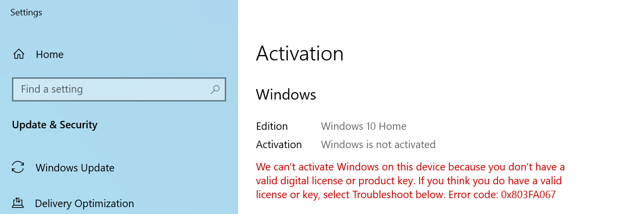 Menu delle impostazioni di attivazione di Windows